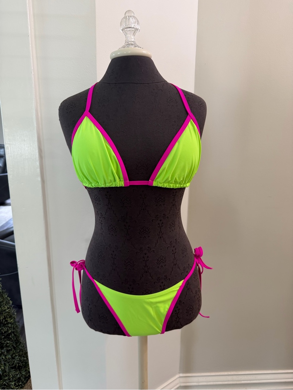 Summer Bright Neon Lime & Hot Pink Bikini triangle Women Swim size L Adjustable